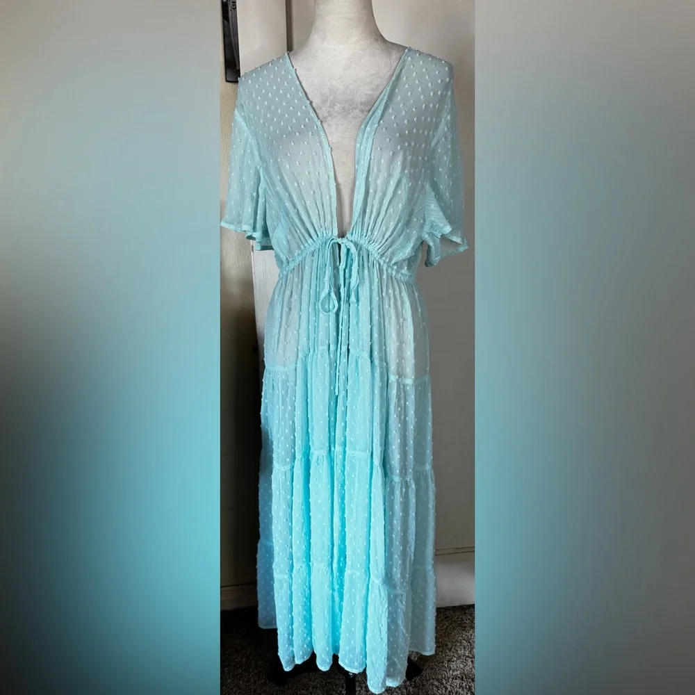 Torrid Baby Blue Robe Retro Polka Dot Lounge Feminine Romantic Chiffon Wedding - Picture 7 of 15
